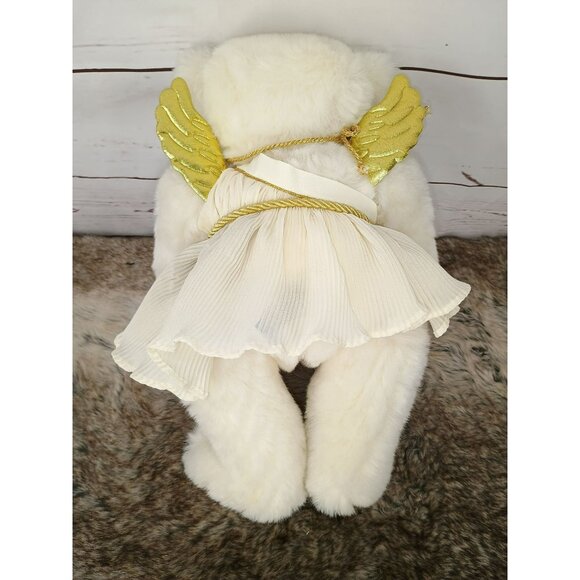 Angel Themed Vermont Teddy Bear With Gold Wings & White Pleated Dress Handmade P - Picture 3 of 6